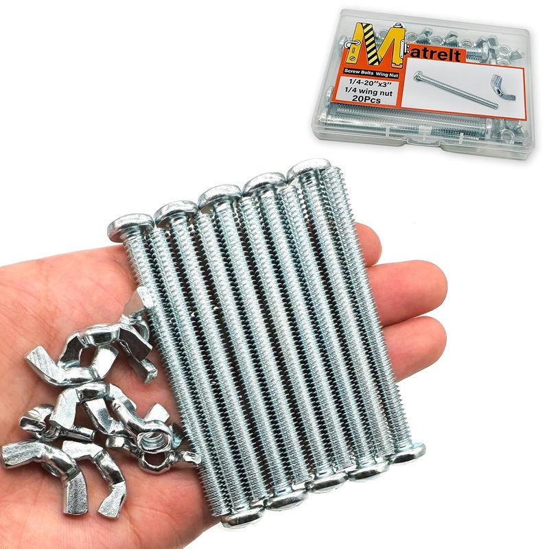 Matrelt 20Pack 1/4"-20 x3 Screw Bolts and Wing Nut Kit 10pcs Machine Screws with Round Head Phillips 10pcs Butterfly Hand Twist Tighten Nut Zinc Plated Hardware Fitting Fastenings Assortment Kit - Image 1